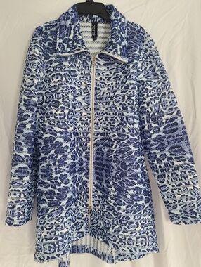 berek Blue & White Leopard Print Zip-Front Women's Jacket